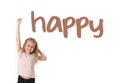 English language learning vocabulary school card of young beautiful happy female child excited