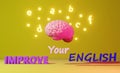 English learning foreign language fluency improvement study Human brain yellow background 3d rendering. Memory Education