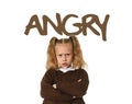 English learning vocabulary card with the word angry and portrait of sweet beautiful little child girl upset Royalty Free Stock Photo