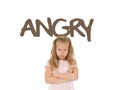 English learning vocabulary card with the word angry and sweet beautiful little child girl upset Royalty Free Stock Photo