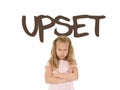 English learning vocabulary card with the word upset and sweet beautiful little child girl angry Royalty Free Stock Photo