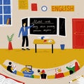 English Lesson. Teacher near blackboard in classroom. Royalty Free Stock Photo