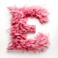 English letter E, whose texture is pink feather. white background. Generative AI