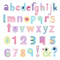 English letters and numbers of Pastel colors for kids. Doodle font for nursery poster, cards, t-shirts. Hand drawn Royalty Free Stock Photo