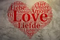 English: Love. Heart shaped word cloud Love, grunge background