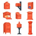 English mailboxes. Cartoon letterbox, red postbox uk london postal service, british royal post box old street mailbox Royalty Free Stock Photo