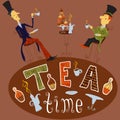 English man drinking tea. Vintage hand drawn card tea time elements collection with cake, cup, teapot