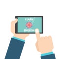 English with Mobile concept. Hand with tablet. English learning app. Royalty Free Stock Photo
