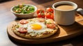 English muffin breakfast pizza, a crispy muffin crust, with eggs, cheese, and savory toppings