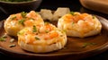 English muffin cheesy shrimp meltaways are savory delights. Shrimp and cheese top toasted muffins Royalty Free Stock Photo