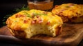 English muffin ham and cheese breakfast casserole is layers of toasted muffins, ham and cheese Royalty Free Stock Photo