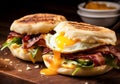 English muffin sandwich with crispy bacon, fried egg and melted cheese. AI generated