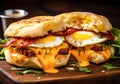 English muffin sandwich with crispy bacon, fried egg and melted cheese. AI generated