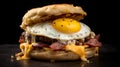 Close up of an English Toast with Meat, Eggs and Cheese in front of a dark Background.