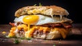 Close up of an English Toast with Meat, Eggs and Cheese in front of a dark Background.