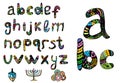 English multicolored alphabet, hanukiya, savivon, donuts. hand draw doodle. Set for the Jewish holiday of Hanukkah