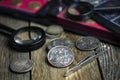 English old coin, magnifier and tweezers, numismatics Royalty Free Stock Photo