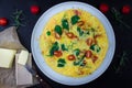 English Omelette with Butter and Tomatoes on Dark Background, Horizontal