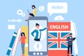 English online learning. Student using mobile app, people group and digital education. Person use phone translate