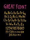 English, original display font. Vector. Author`s alphabet. A complete set of signs, numbers, capital and lowercase Latin letters.