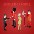 English People with Guardsman, Lady, Gentleman and Bifiter. Isometric flat 3d illustration