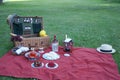 English picnic basket on the picnic blanket with many delicacies and drinks