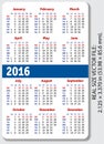 English pocket calendar for 2016