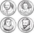 English poets, playwrights portraits stamp set in line art Royalty Free Stock Photo