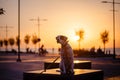 English pointer mix phenotype dog on sunset Royalty Free Stock Photo