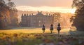 English Polo players are riding horses back to stables after a game at sunset. Beautiful English countryside landscape