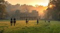 English Polo players are riding horses back to stables after a game at sunset. Beautiful English countryside landscape