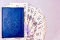 English pounds with passport in blue cover Royalty Free Stock Photo