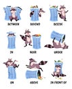 English prepositions. Funny raccoon and garbage can, language vocabulary demonstration, visual kids training, cute Royalty Free Stock Photo