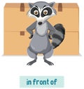 English prepositions, raccoons standing in front of the boxes