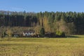 English rural farmhouse landscape with forest