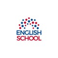 English school logo Blue red dot sun or rainbow icon above english school text, language school vector logo concept.