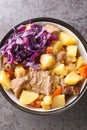 English Scouse is a beef or lamb stew with vegetable closeup in the plate. Vertical top view