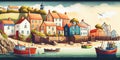 English seaside town fishing village harbour scene watercolour England