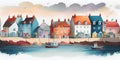 English seaside town fishing village harbour scene watercolour England Royalty Free Stock Photo