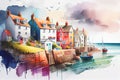 English seaside town fishing village harbour scene watercolour England UK Royalty Free Stock Photo