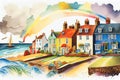 English seaside town fishing village harbour scene watercolour England UK