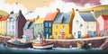 English seaside town fishing village harbour scene watercolour England Royalty Free Stock Photo