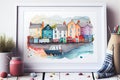 English seaside town fishing village harbour scene watercolour England UK