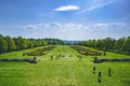 Stunning View of English garden and countryside in Spring. Over green grass with blue sky Royalty Free Stock Photo