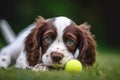 Puppy pet dog playing in garden with ball Royalty Free Stock Photo