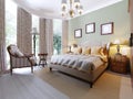 English-style bedroom with a large soft fabric bed. bedside tables with lamps. Large wardrobe and dresser with mirror