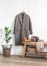 English style coat on a hanger, a bench with a bag and scarf, flower ficus in the room