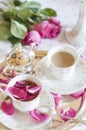 English style, tea break, vintage still life, porcelain, tea cup, silver coffee Royalty Free Stock Photo