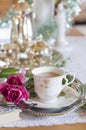 English style, tea break, vintage still life, porcelain, tea cup, silver coffee Royalty Free Stock Photo