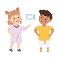 English Subject Pronoun with Funny Boy and Girl Demonstrating You Word Vector Illustration